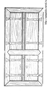 Рис.14. Стенной шкафик XVII века в Нововознесенской церкви. Зарисовка 1945 года.
