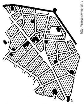 Рис.3 Планировка улиц в окрестностях дома Печенко и Солодежни в XVII веке (по предположению автора).